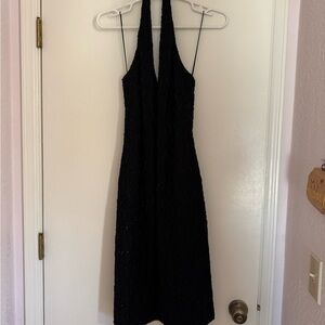 CARMEN MARC VALVO Elegant Beaded Black Halter Dress